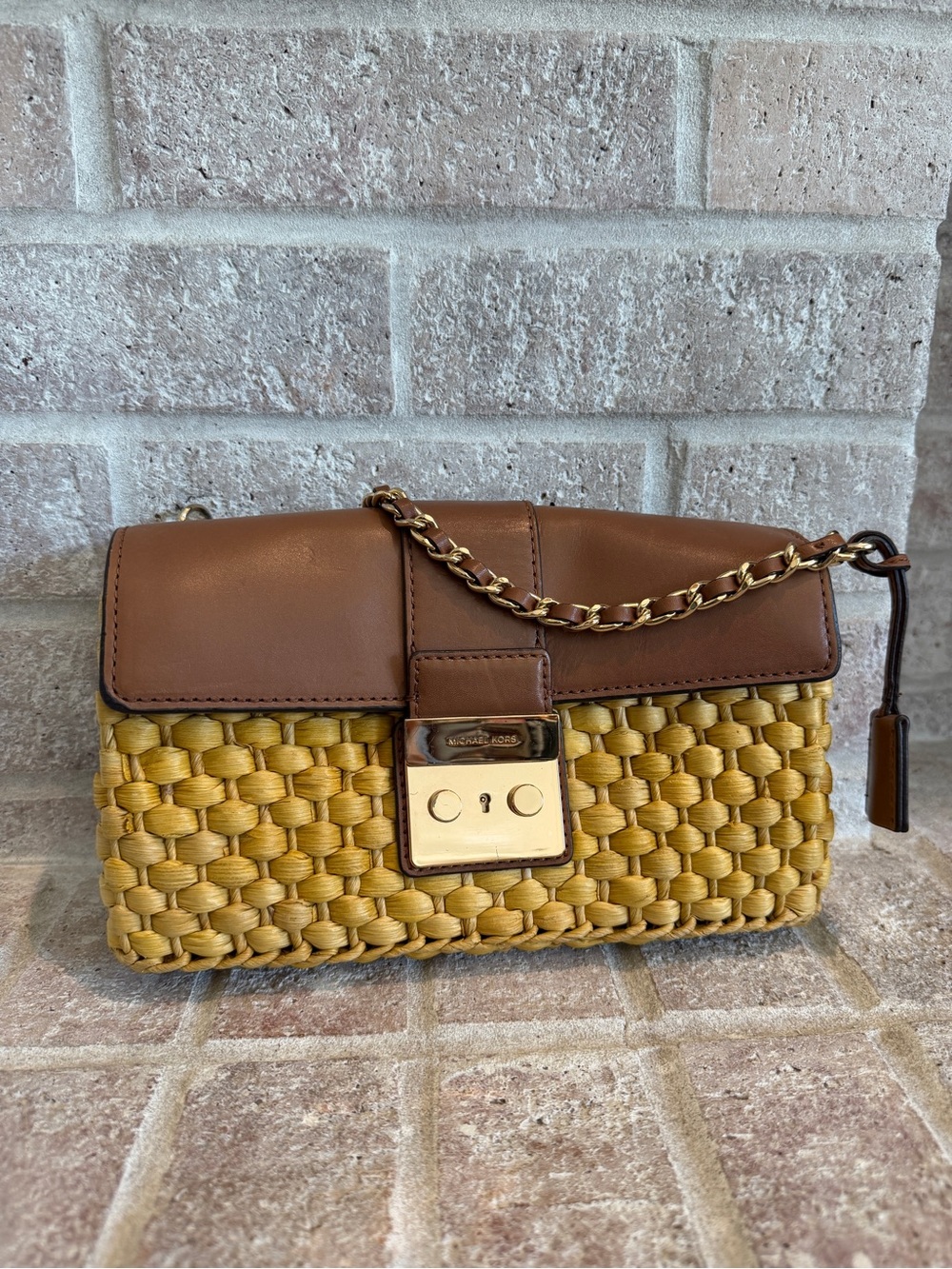 Michael Kors Brown Leather & Yellow Woven Shoulder Bag with Gold Chain